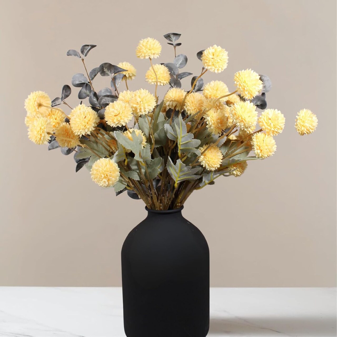 Yellow Flowers Artificial Long Stems Kiku Flower With Eucalyptus, Spring Flowers Decor (Yellow) 8"D x 15"W x 21"H